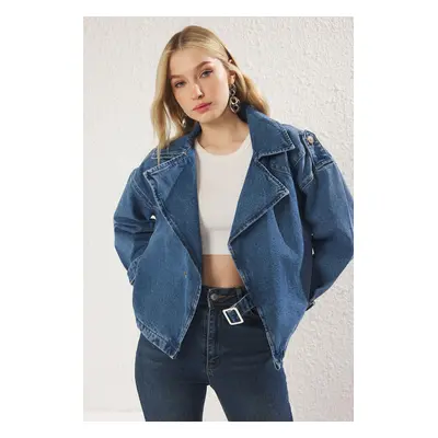 Trendyol Blue Double Breasted Belt Buckle Oversize Denim Blazer Jacket