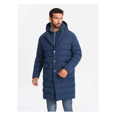 Ombre Men's long quilted jacket with lapels and lining - dark blue