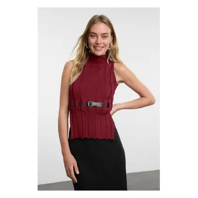 Trendyol Limited Edition Burgundy Belted Knit Sweater