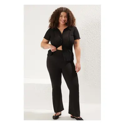 Trendyol Curve Black High Waist Ribbed Bell-bottom Plus Size Sports Leggings