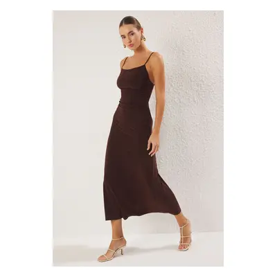 Trendyol Brown Strapless Backless A-line/Flare Stretchy Maxi Knit Dress