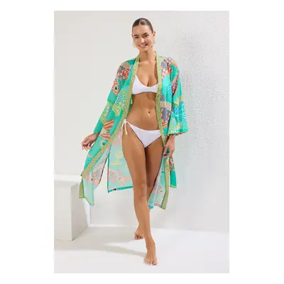 Trendyol Tropical Patterned Maxi Woven Belted Kimono & Caftan