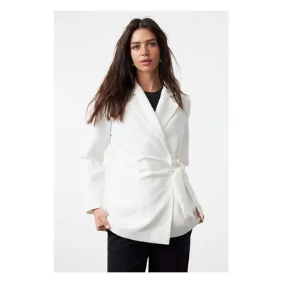 Trendyol White Side Tie Detailed Lined Double Breasted Woven Jacket