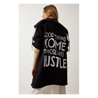 Happiness İstanbul Women's Black Printed Oversize Gabardine Jacket