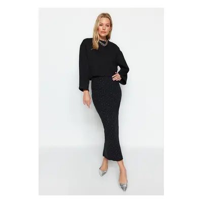 Trendyol Black Sticky Stone Midi Knitted Skirt