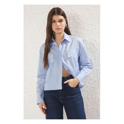 Trendyol Blue Over all Stone Detailed Pocket Striped Oversize Wide Pattern Woven Shirt