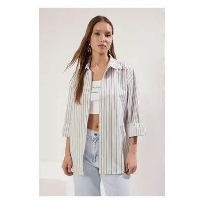 Trendyol Pink Striped Cotton Fabric Oversize Wide Cut Shirt