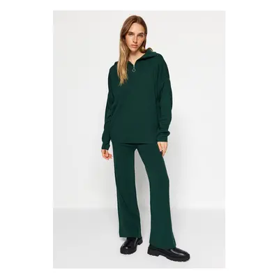 Trendyol Emerald Green Wide Fit Zippered Knitwear Bottom-Top Set