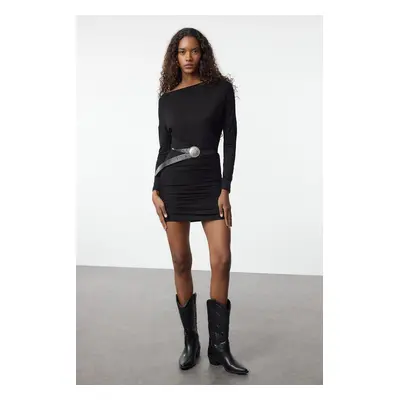 Trendyol Black Mini Asymmetrical Neck Bodycone/Fits Knit Dress