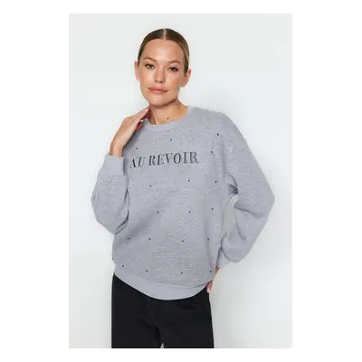 Trendyol Gray Melange Stone and Embroidery Detail Regular Fit Fleece Inside Knitted Sweatshirt