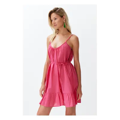 Trendyol Fuchsia Belted Mini Woven Ruffle Beach Dress