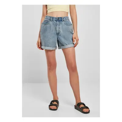 Women's boys' shorts with a high waist, tinted in light blue, washed