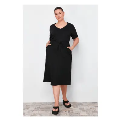 Trendyol Curve Black Waist Elastic Detailed Midi 100% Cotton Knitted Dress