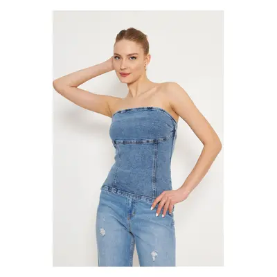 Trendyol Blue Strapless Neckline Asymmetrical Denim Blouse