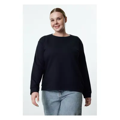 Trendyol Curve Navy Blue Regular Fit Back Printed Crew Neck Knitted Plus Size Sweatshirt