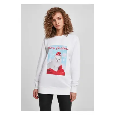 Ladies Merry Christmas Cat Crewneck White