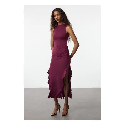 Trendyol Plum Bodycone Zero Sleeve Slit Ruffle Detail Flexible Maxi Pencil Dress