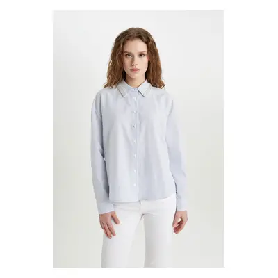 DEFACTO Oversize Wide Cut Striped Collar Beaded Detail Oxford Long Sleeve Shirt