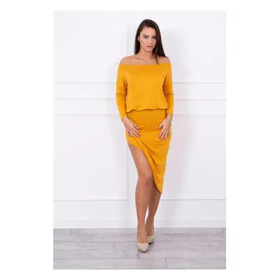 Asymmetrical dress, 3/4 mustard sleeve