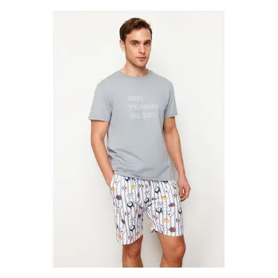 Trendyol Gray Regular Fit Printed Knitted Shorts Pajamas Set