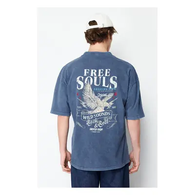 Trendyol Indigo Oversize/Wide Cut Faded Effect Eagle Printed 100% Cotton T-Shirt