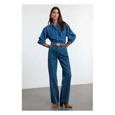 Trendyol Blue Dart Detail High Waist Long Straight Jeans