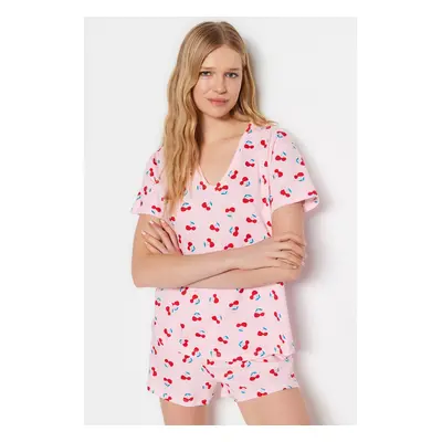 Trendyol Light Pink 100% Cotton Cherry Patterned T-shirt-Shorts Knitted Pajama Set