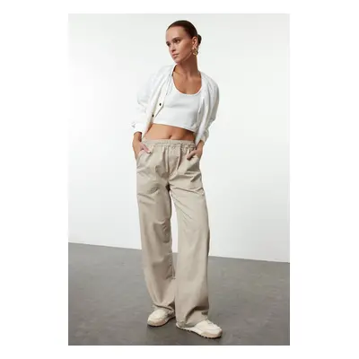 Trendyol Beige Elastic Waist High Waist Wide Leg Trousers