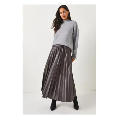 Olalook Anthracite Leather Look Pleat A-Line Skirt