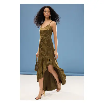 Trendyol Khaki A-Cut V Satin Woven Long Elegant Evening & Graduation Dress