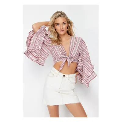 Trendyol Claret Red Striped Crop Woven Tie Blouse