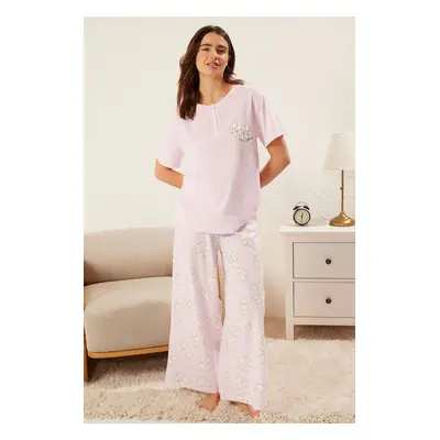 Trendyol Lilac Floral Jersey Knitted Pajamas Set