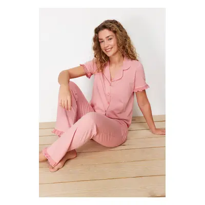 Trendyol Dusty Rose 100% Cotton Ruffle Detailed Knitted Pajama Set