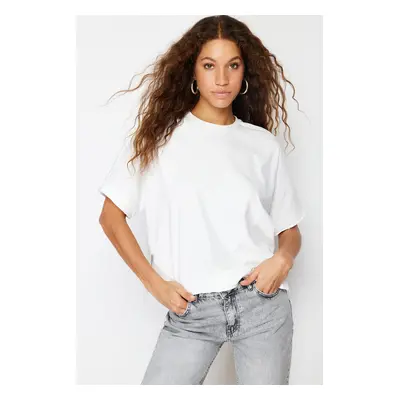 Trendyol Ecru 100% Cotton Cut and Slit Detailed Oversize/Comfortable Cut Knitted T-Shirt