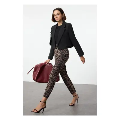 Trendyol Multi-Colored Cigarette Pattern Leopard/Animal Pattern High Waist Ankle Length Woven Tr