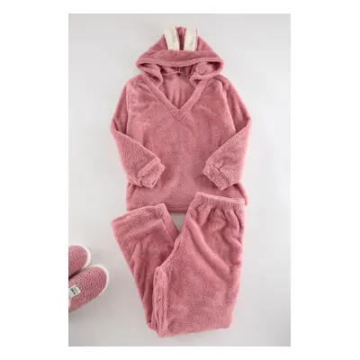 Trendyol Curve Pink Wellsoft/Plush Hooded Ear Detailed Knitted Pajama Set