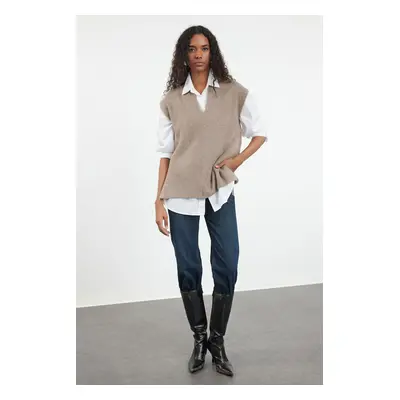 Trendyol Mink Soft Texture V Neck Side Slit Knitted Sweater