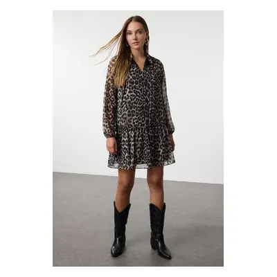 Trendyol Brown Leopard Patterned Plain Cut Stand Collar Mini Lined Chiffon Woven Winter Dress