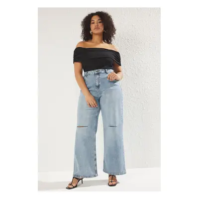 Trendyol Curve Light Blue Destroy Detail Wide Leg Plus Size Jeans