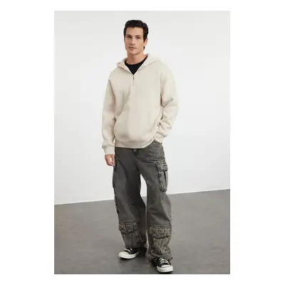 Trendyol Stone Oversize/Wide Cut Zippered Hooded Fleece Inside Basic Sweatshirt