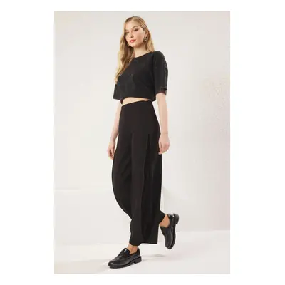 Trendyol Black Side Pleated High Waist Elastic Knitted Trousers