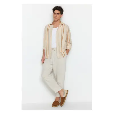 Trendyol Limited Edition Camel Regular Fit Striped Linen Textured Shirt