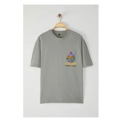 Trendyol Gray Oversize Fit Puffy Printed 100% Cotton T-Shirt