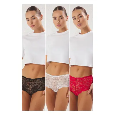 Trendyol Black-White-Red 3-Pack Lace Ribbon/Bow Hipster Knitted Panties