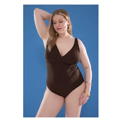 Trendyol Curve Brown Deep V Neck Textured Fabric Plus Size Swimsuit