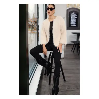 Trendyol Beige Furry Coat-Looking Knitwear Cardigan