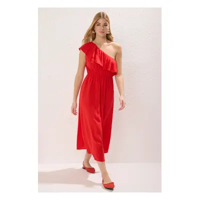 Trendyol Red Asymmetrical Collar Midi Woven Dress with Opening Waist Skirt