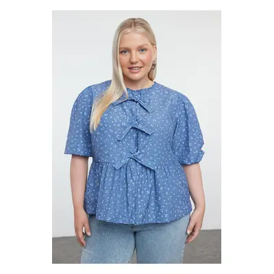 Trendyol Curve Navy Blue Women's Bow-Crispy Floral Woven Plus Size Blouse