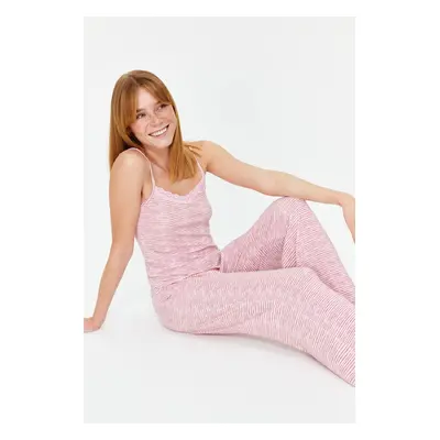 Trendyol Powder Cotton Striped Lace Rope Strap Knitted Pajama Set