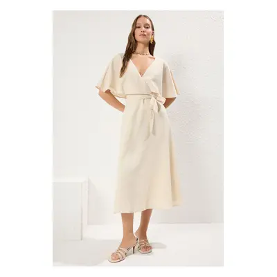 Trendyol Beige A-Line Double-Breasted Cape Midi Linen Look Woven Dress